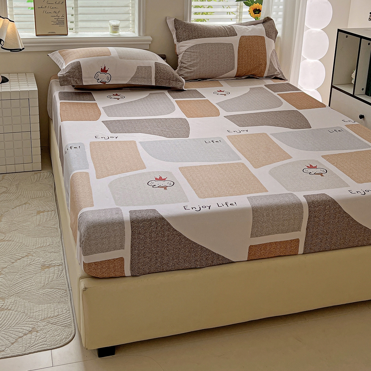 91家纺网 家纺一手货源 找家纺 依庭 2025新款高克重全棉纯棉磨毛印花床笠单品床笠 红冠象