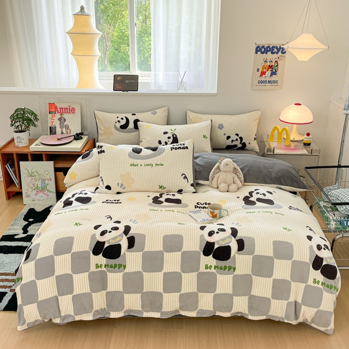 91家纺网 家纺一手货源 找家纺 瑞钰 2025新款A类加厚牛奶绒印花四件套 小熊猫-灰