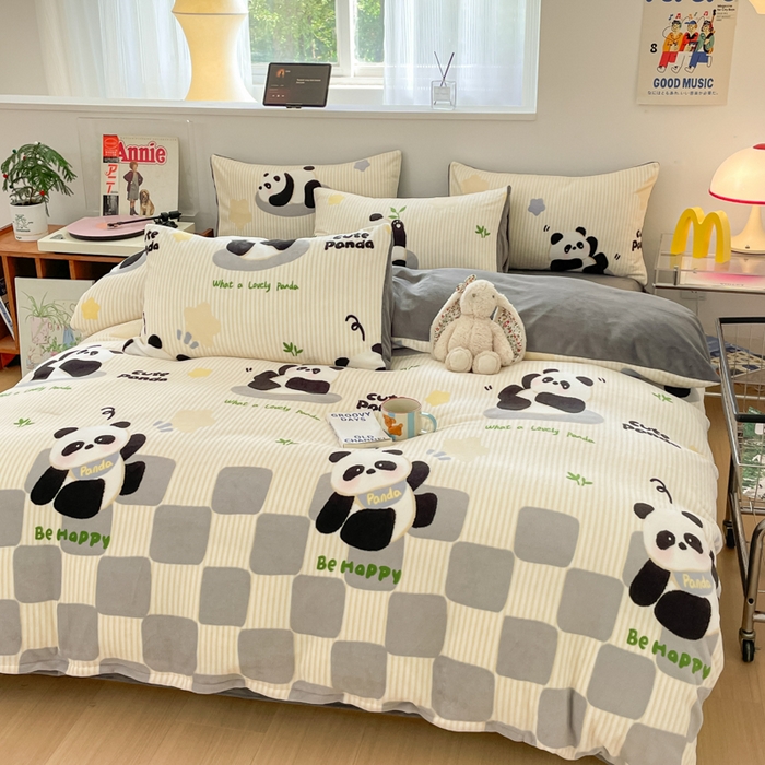 91家纺网 家纺一手货源 找家纺 瑞钰 2025新款A类加厚牛奶绒印花四件套 小熊猫-灰