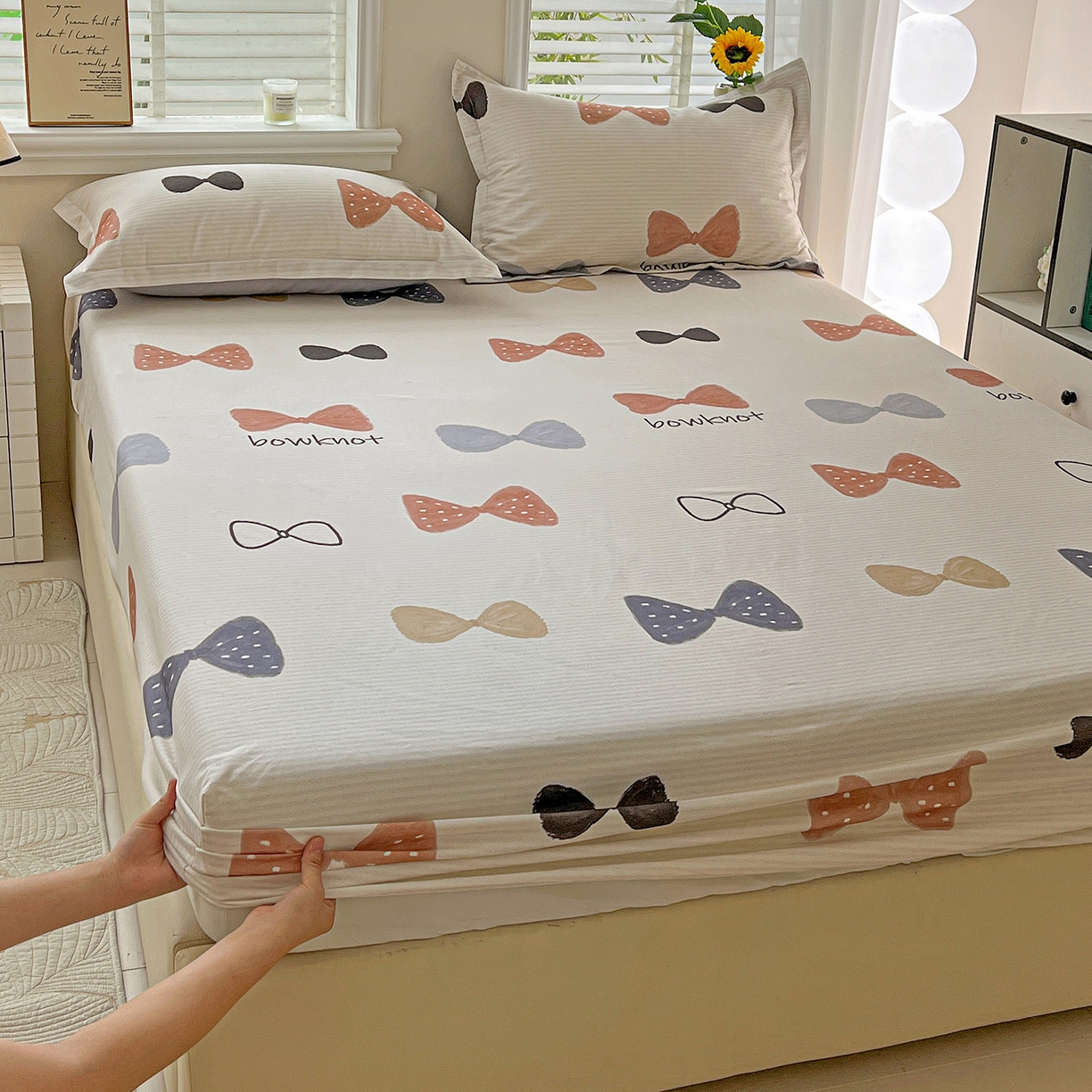 依庭 2025新款高克重全棉纯棉磨毛印花床笠单品床笠 笙白-桔