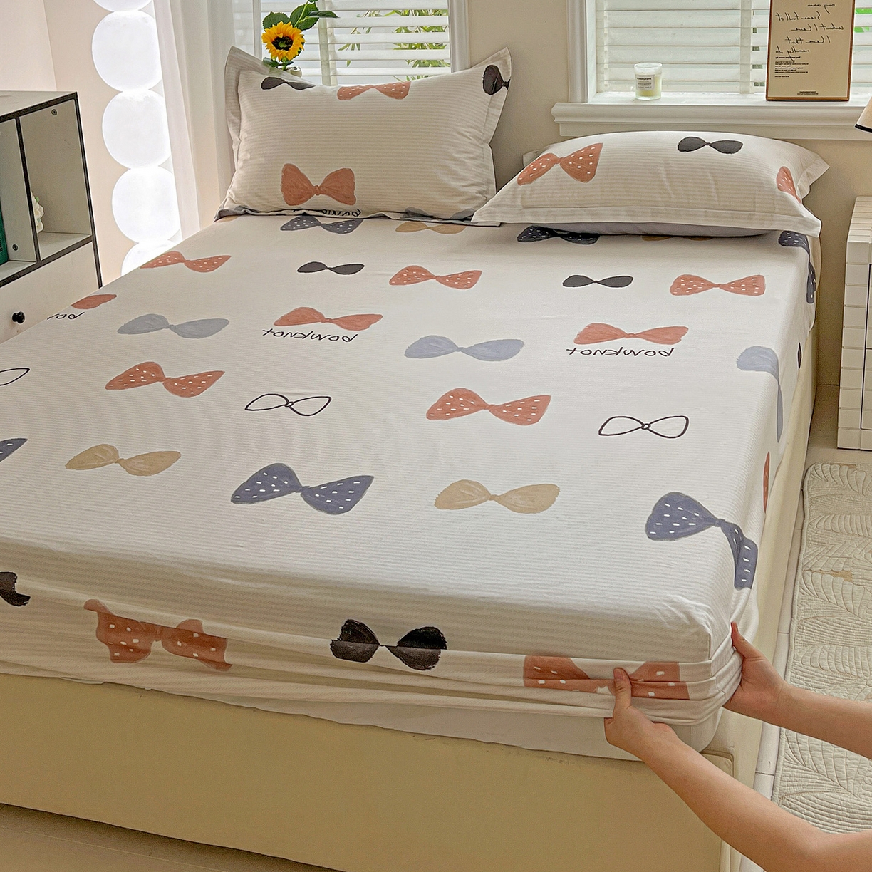 91家纺网 家纺一手货源 找家纺 依庭 2025新款高克重全棉纯棉磨毛印花床笠单品床笠 笙白-桔