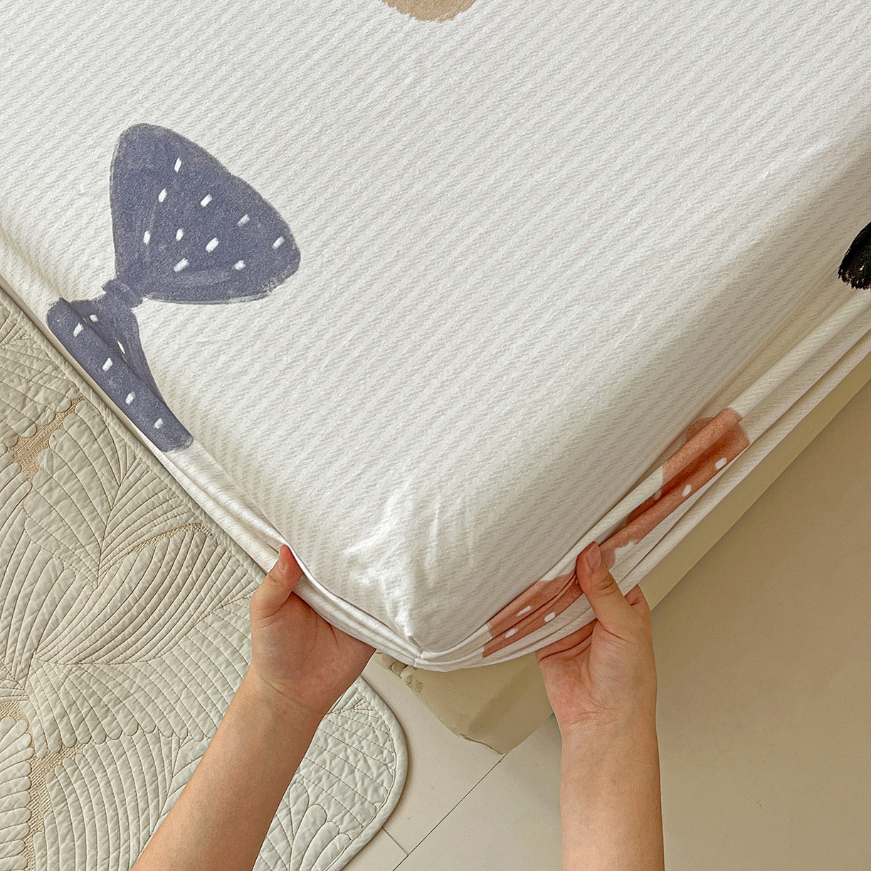 91家纺网 家纺一手货源 找家纺 依庭 2025新款高克重全棉纯棉磨毛印花床笠单品床笠 笙白-桔