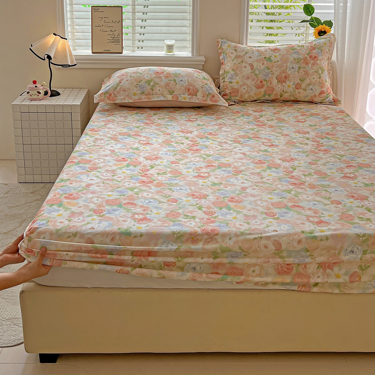 91家纺网 家纺一手货源 找家纺 依庭 2025新款高克重全棉纯棉磨毛印花床笠单品床笠 甜梦茶语