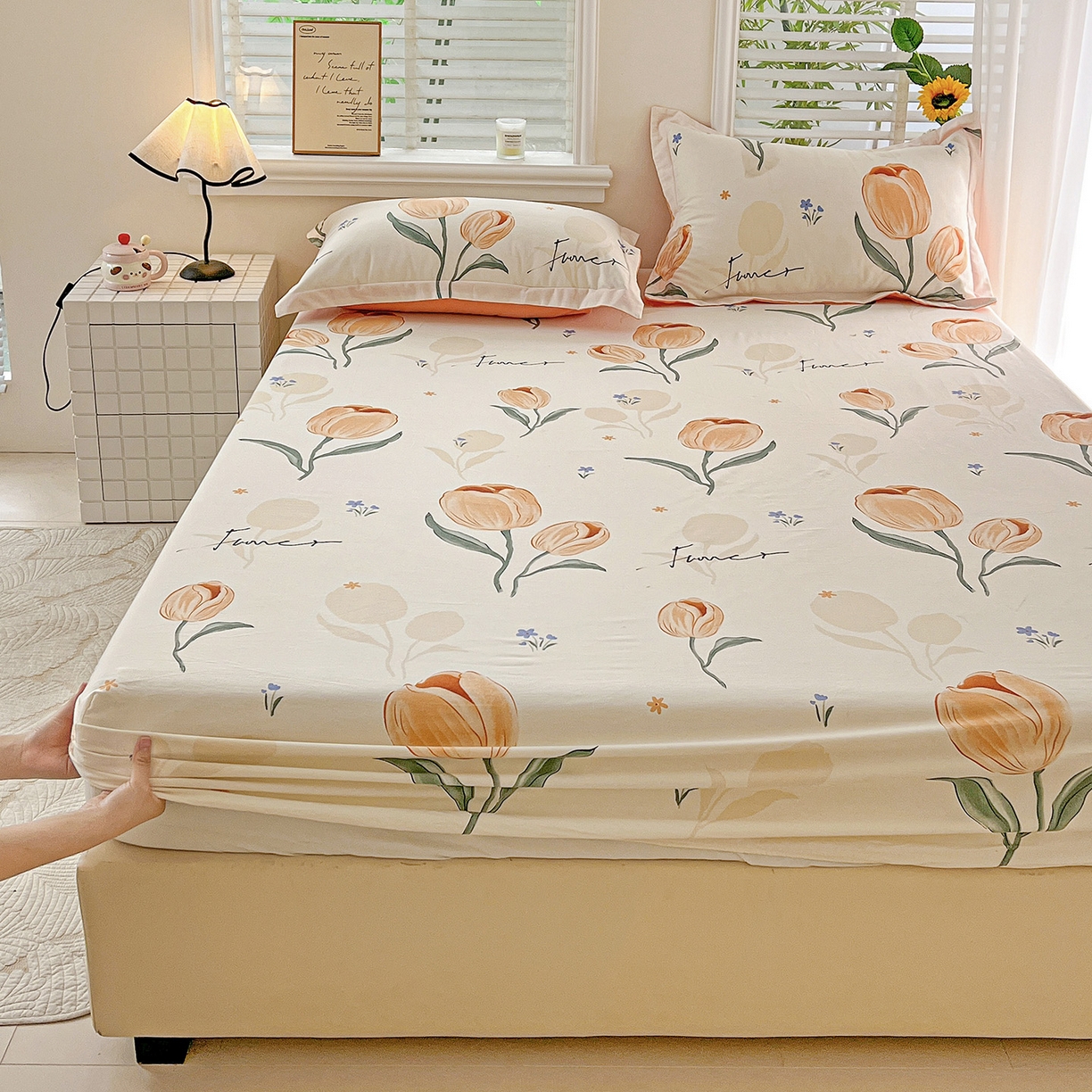 91家纺网 家纺一手货源 找家纺 依庭 2025新款高克重全棉纯棉磨毛印花床笠单品床笠 甜心花语