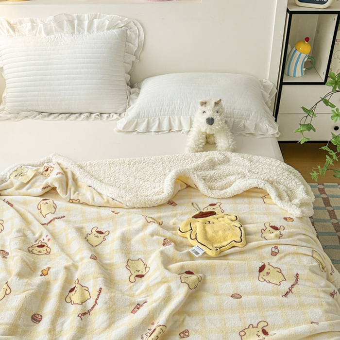 91家纺网 家纺一手货源 找家纺 花满路 2025新款亲肤舒适三丽鸥羊羔毛毯 团团布丁狗