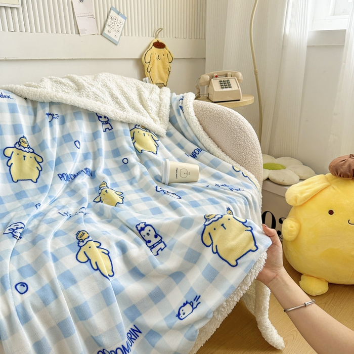 91家纺网 家纺一手货源 找家纺 花满路 2025新款亲肤舒适三丽鸥羊羔毛毯 格子布丁狗