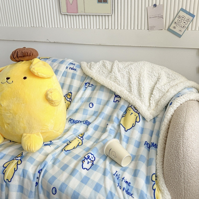 91家纺网 家纺一手货源 找家纺 花满路 2025新款亲肤舒适三丽鸥羊羔毛毯 格子布丁狗