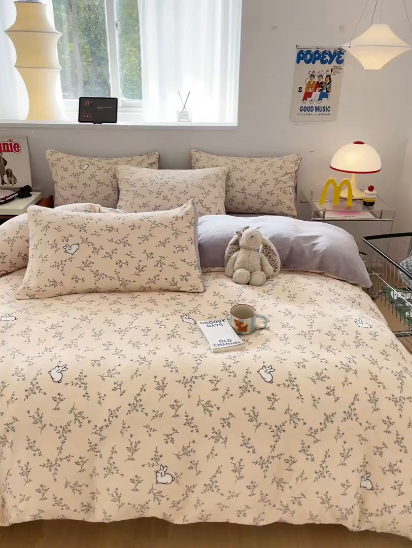 91家纺网 家纺一手货源 找家纺 瑞钰 2025新款A类加厚牛奶绒印花四件套 枝枝兔