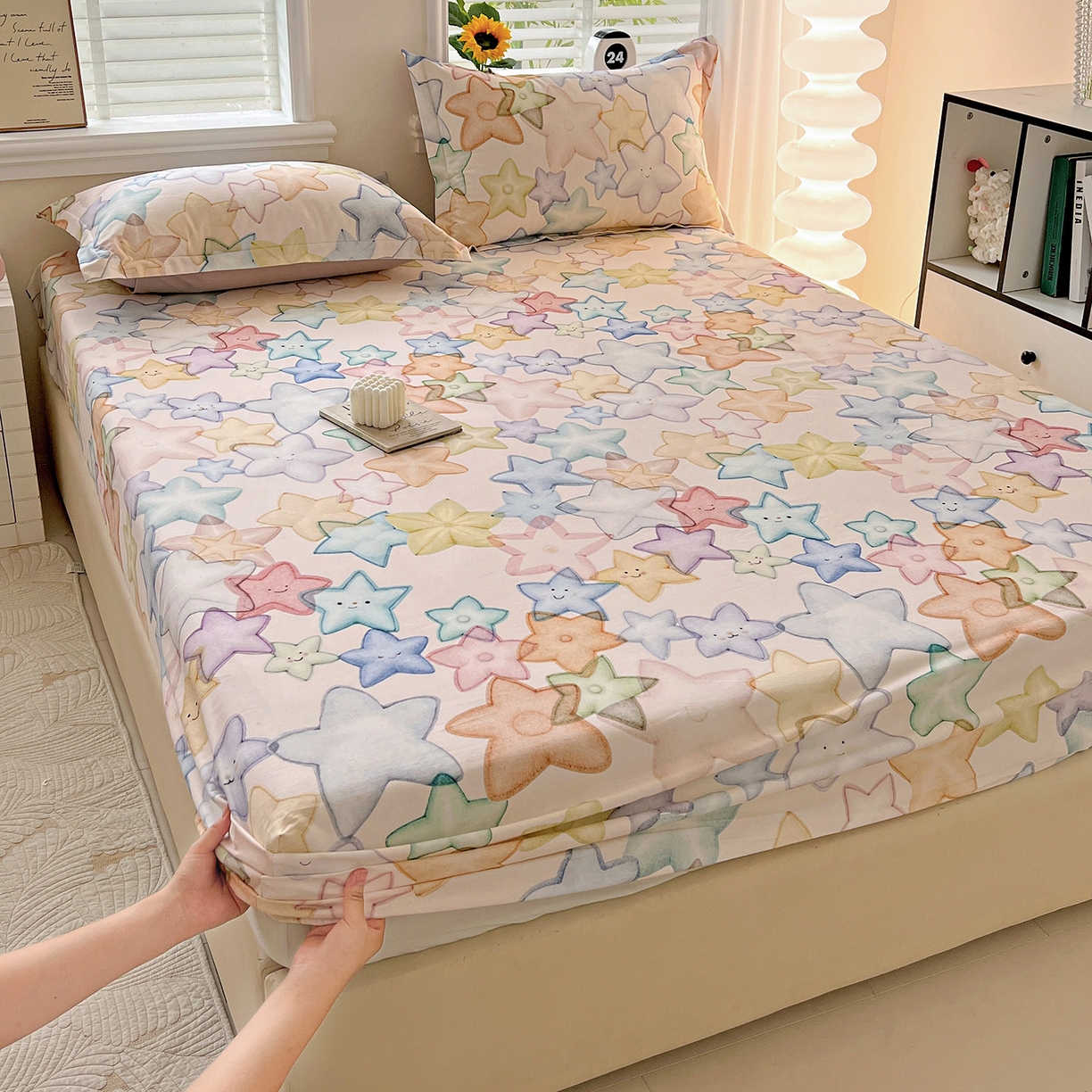 依庭 2025新款高克重全棉纯棉磨毛印花床笠单品床笠 星晚-粉