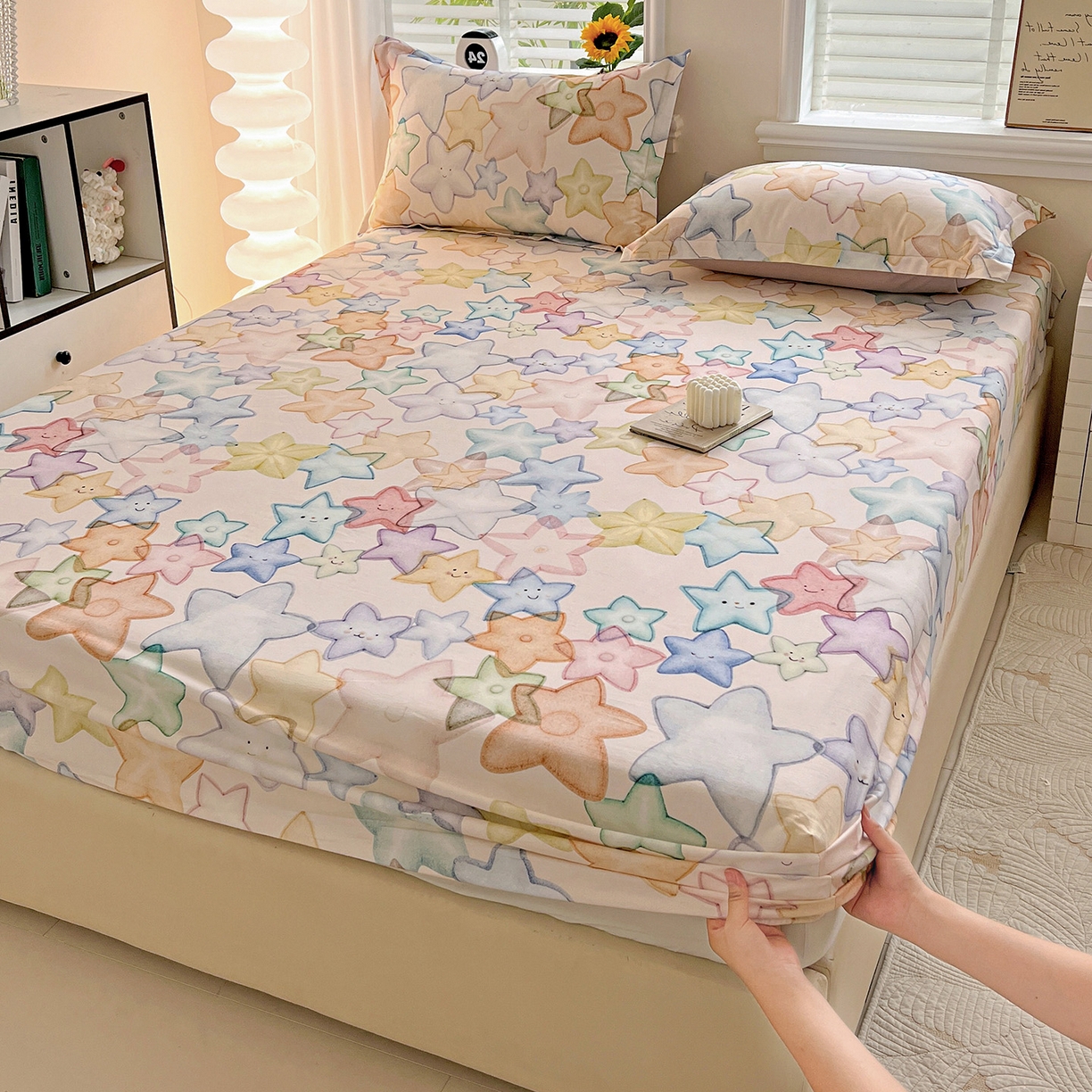 91家纺网 家纺一手货源 找家纺 依庭 2025新款高克重全棉纯棉磨毛印花床笠单品床笠 星晚-粉