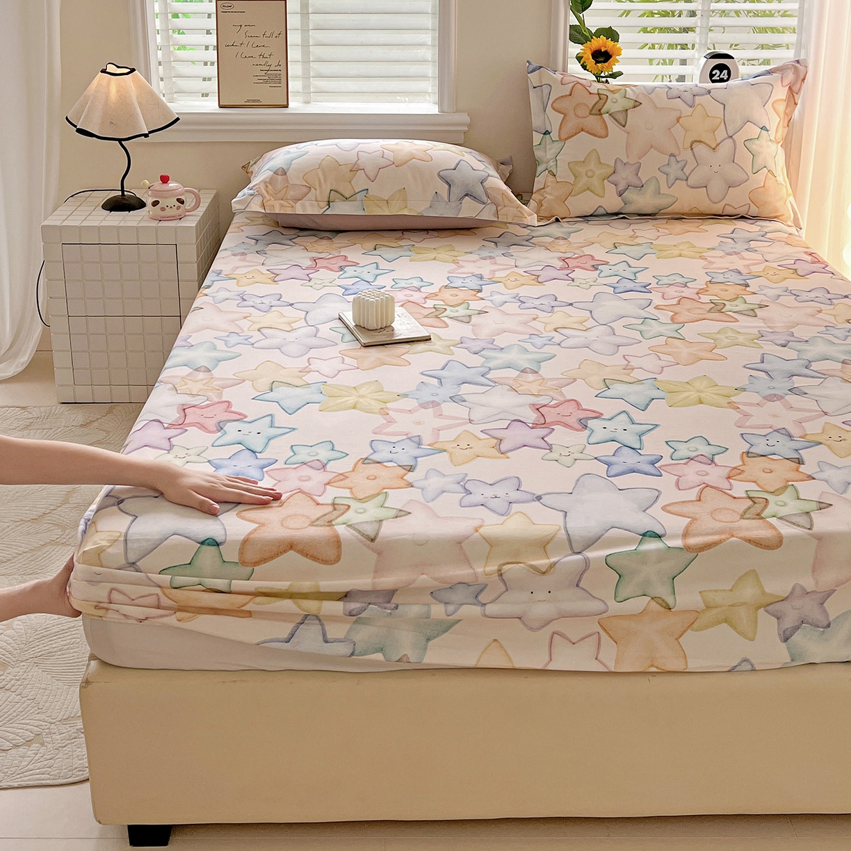 91家纺网 家纺一手货源 找家纺 依庭 2025新款高克重全棉纯棉磨毛印花床笠单品床笠 星晚-粉