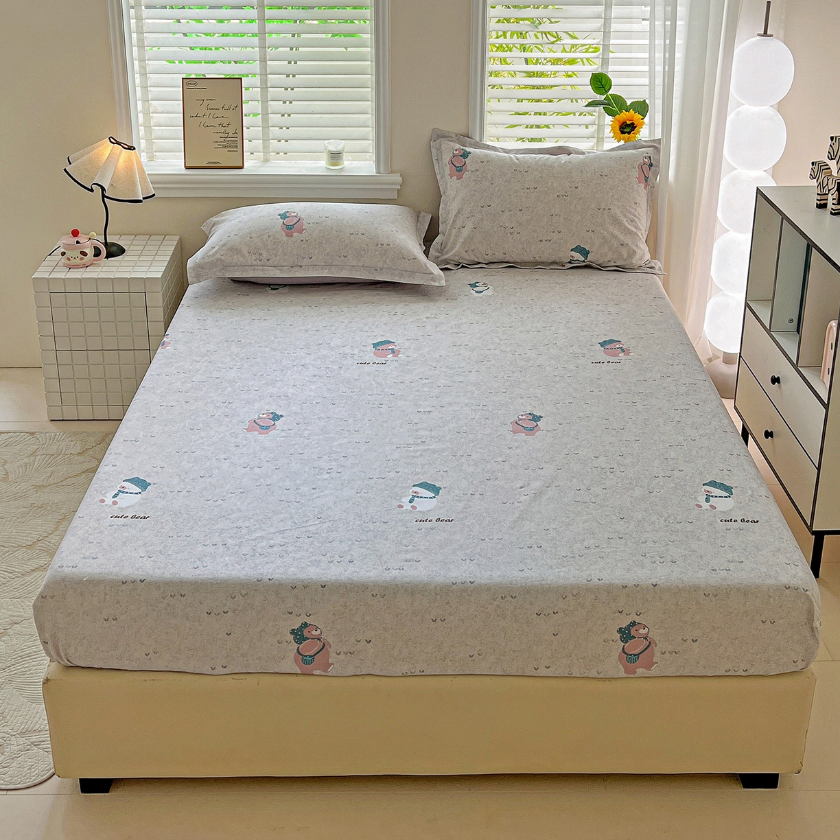 91家纺网 家纺一手货源 找家纺 依庭 2025新款高克重全棉纯棉磨毛印花床笠单品床笠 幸福小熊