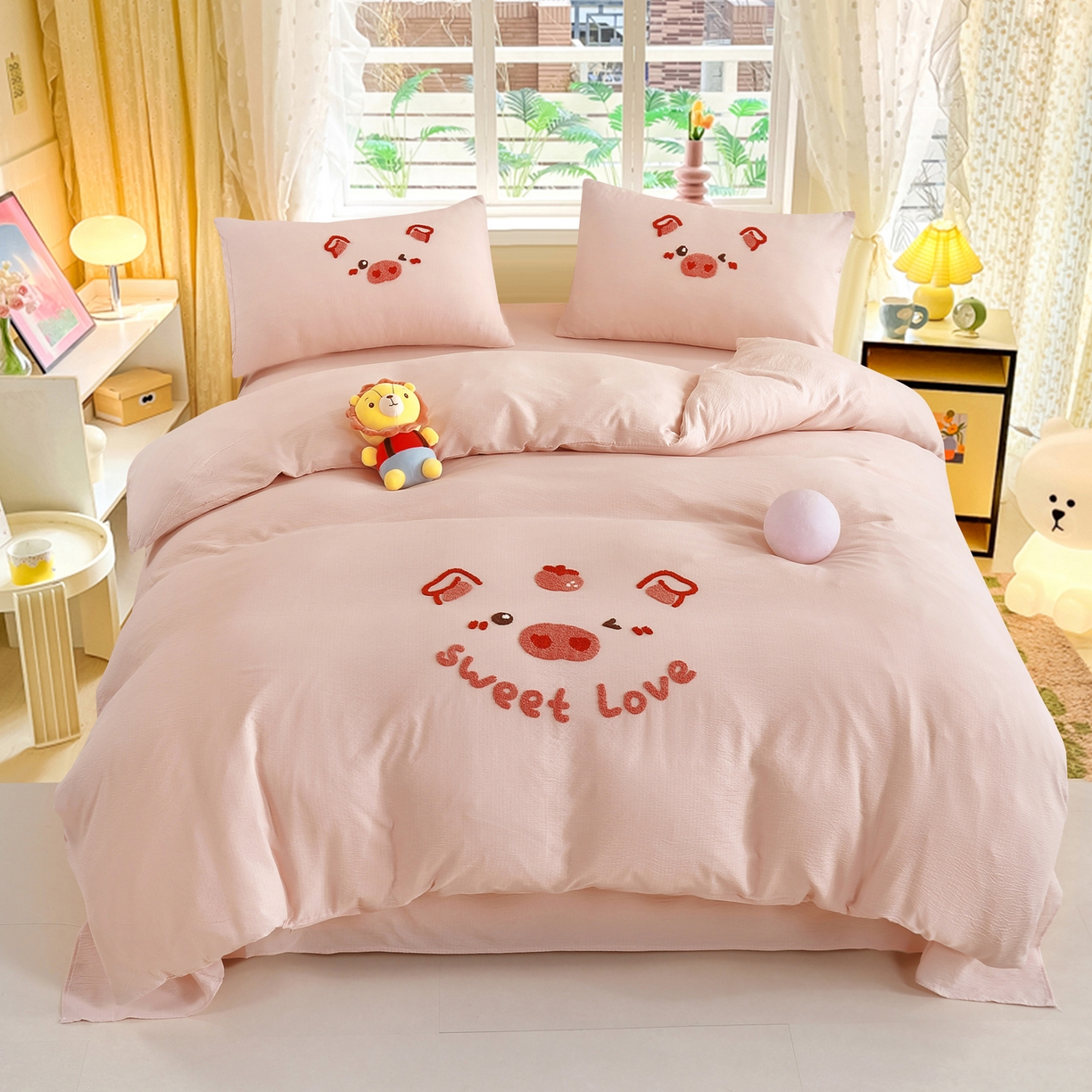 恋之语 2025新款皱皱纱木棉毛巾绣四件套及单被套系列-可爱猪 可爱猪-粉色