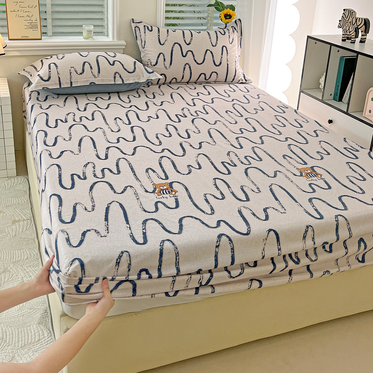 依庭 2025新款高克重全棉纯棉磨毛印花床笠单品床笠 幸运熊