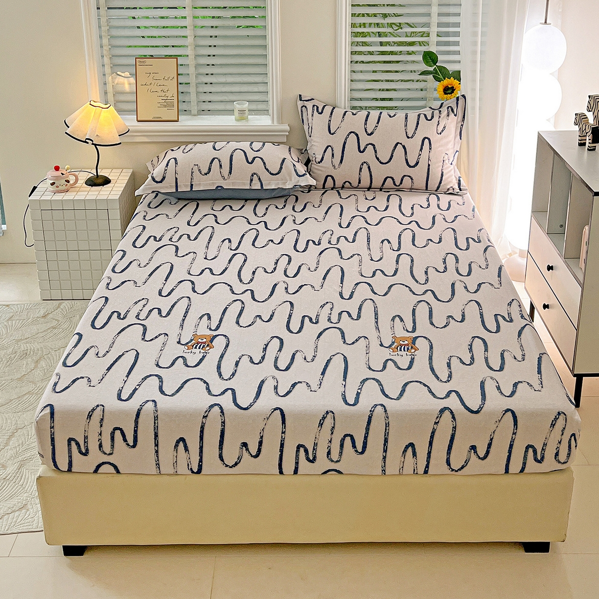 91家纺网 家纺一手货源 找家纺 依庭 2025新款高克重全棉纯棉磨毛印花床笠单品床笠 幸运熊