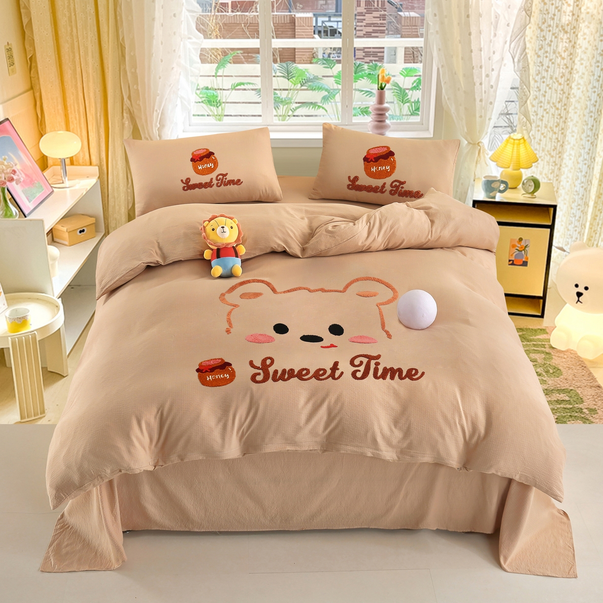 91家纺网 家纺一手货源 找家纺 恋之语 2025新款皱皱纱木棉毛巾绣四件套及单被套系列-俏皮熊 俏皮熊-浅咖