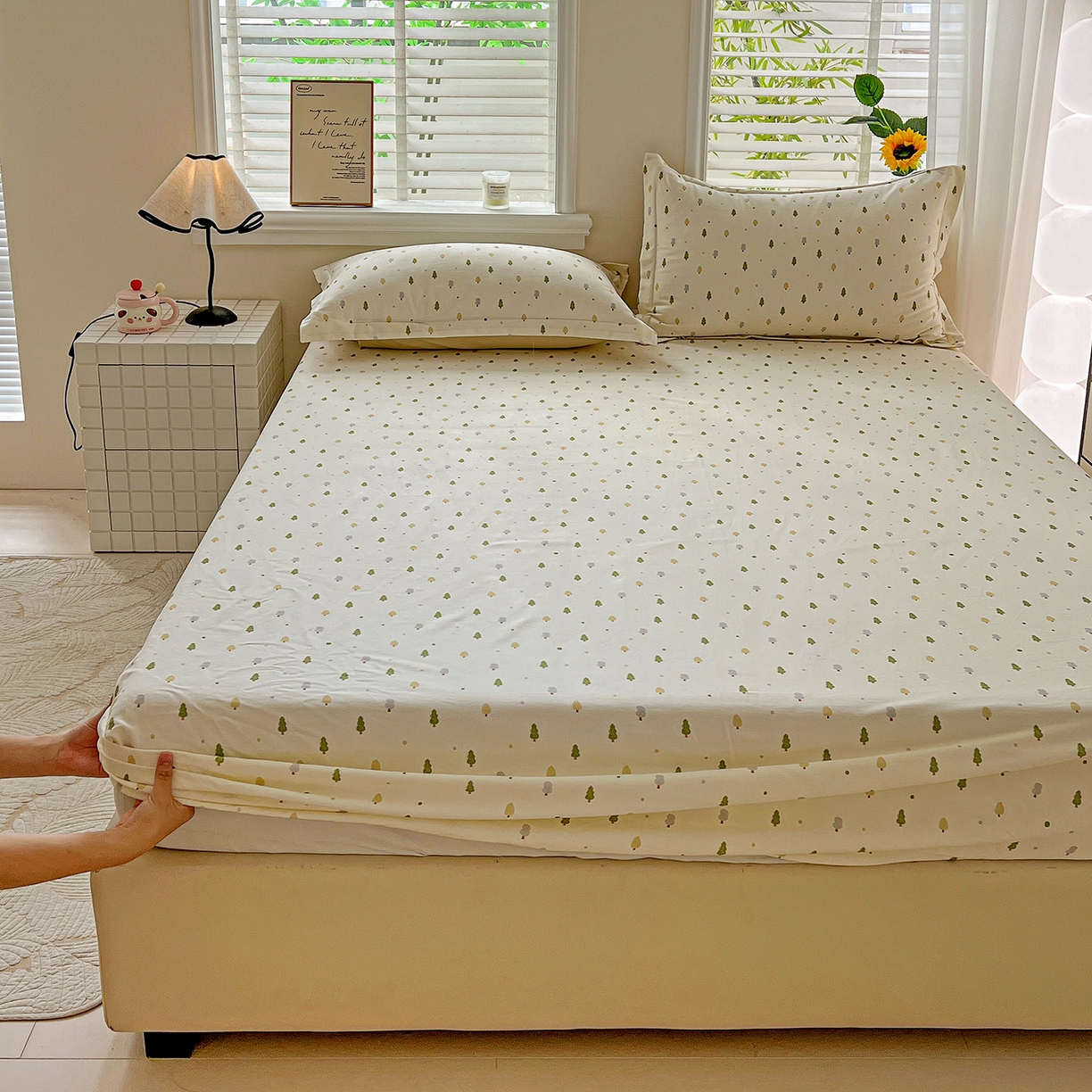 91家纺网 家纺一手货源 找家纺 依庭 2025新款高克重全棉纯棉磨毛印花床笠单品床笠 叶叶情深