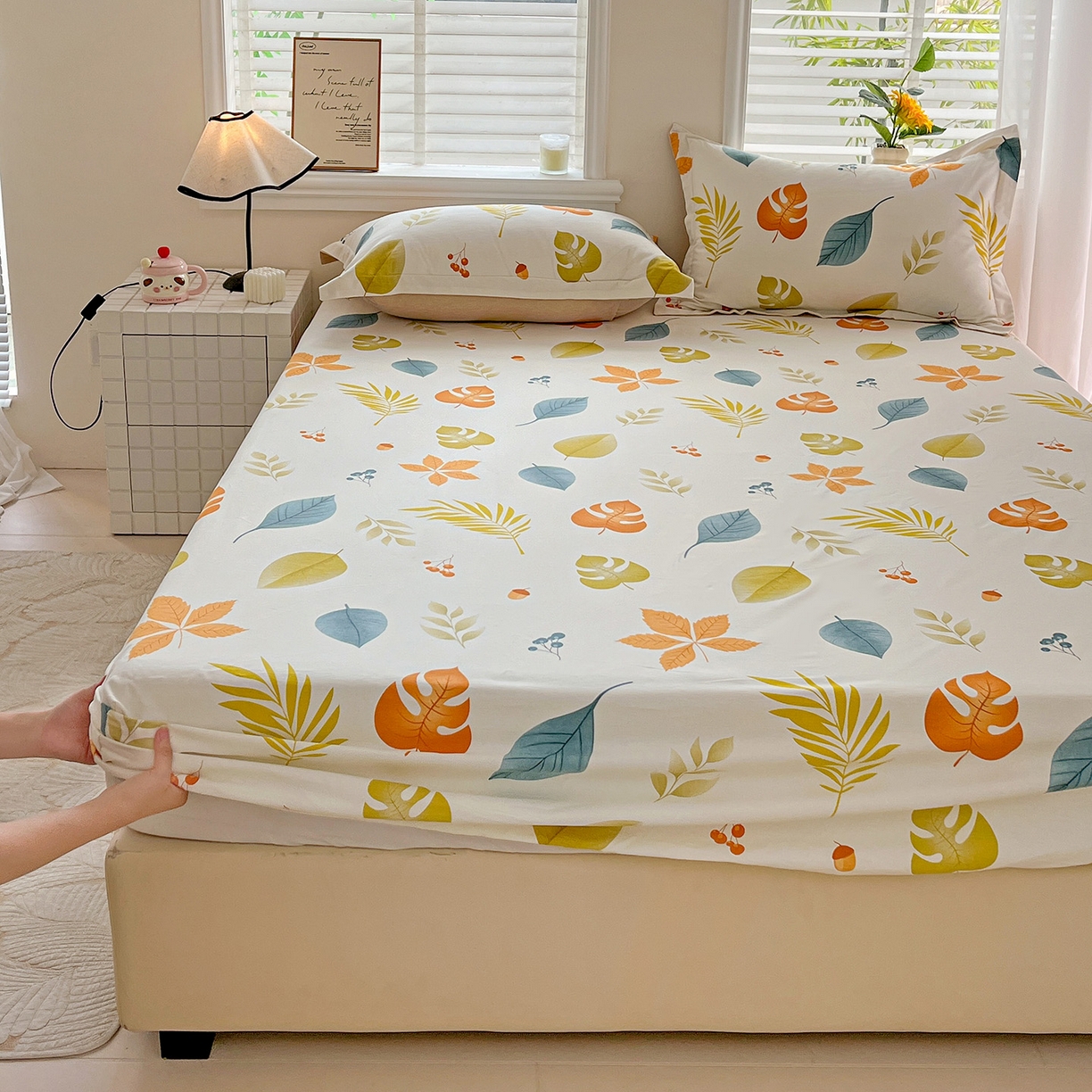 91家纺网 家纺一手货源 找家纺 依庭 2025新款高克重全棉纯棉磨毛印花床笠单品床笠 叶之恋