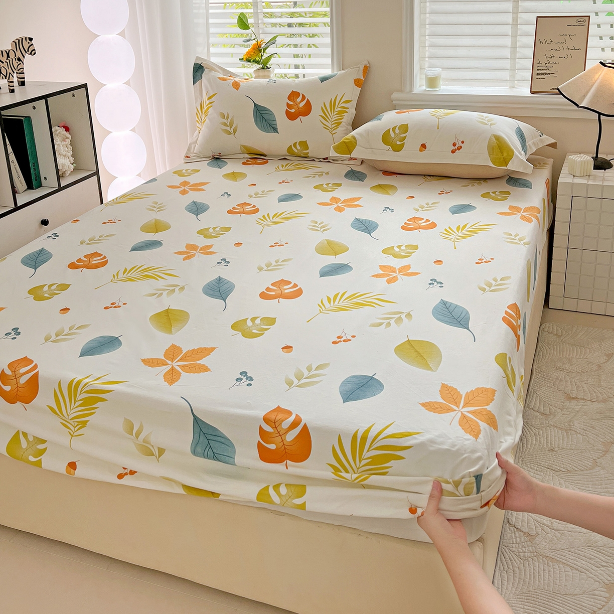 91家纺网 家纺一手货源 找家纺 依庭 2025新款高克重全棉纯棉磨毛印花床笠单品床笠 叶之恋