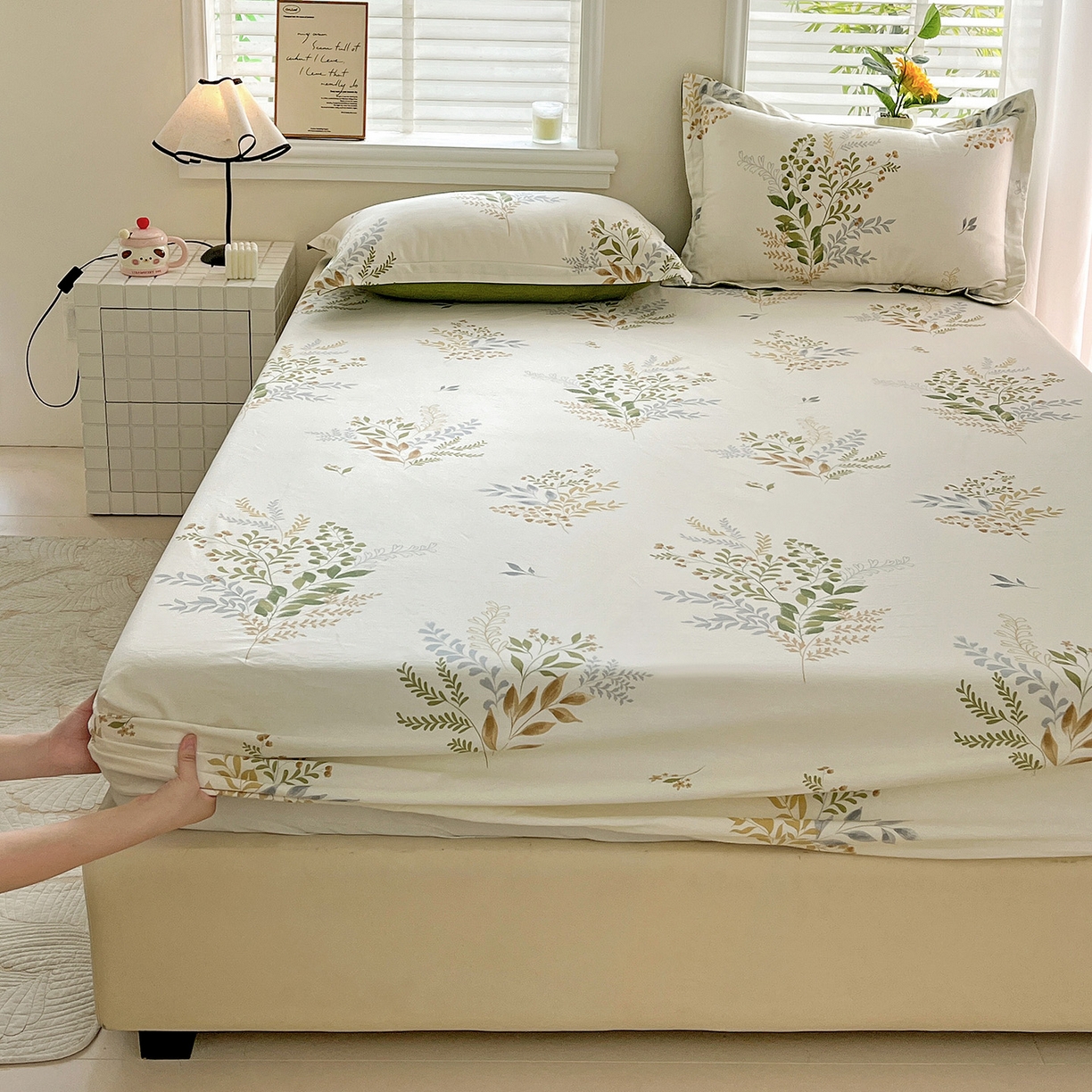 91家纺网 家纺一手货源 找家纺 依庭 2025新款高克重全棉纯棉磨毛印花床笠单品床笠 叶芝