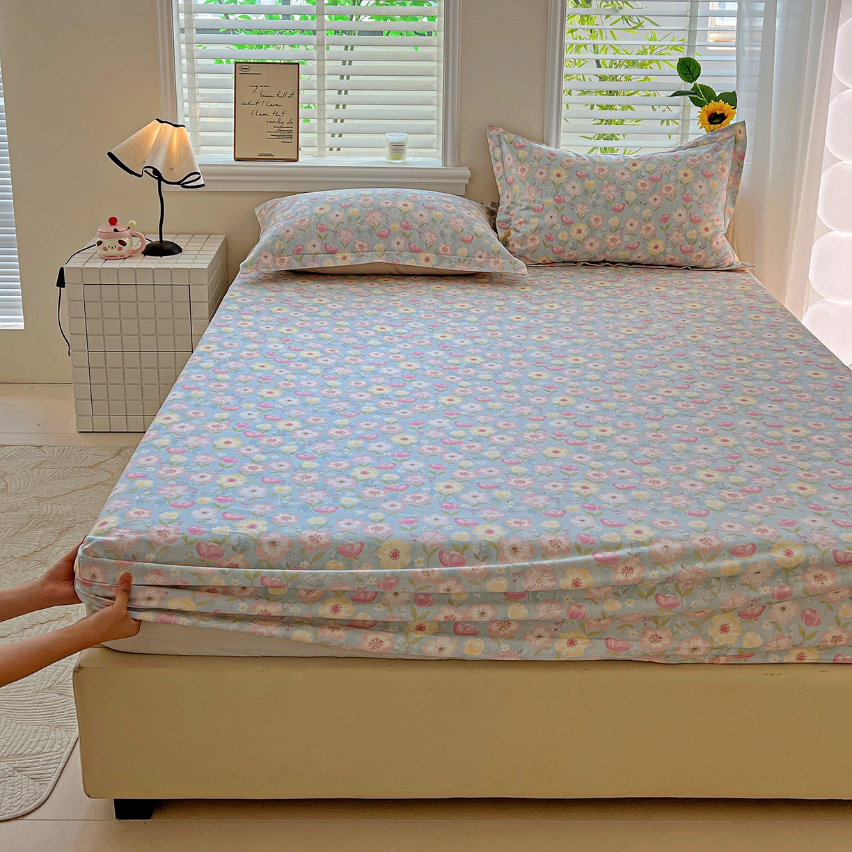 91家纺网 家纺一手货源 找家纺 依庭 2025新款高克重全棉纯棉磨毛印花床笠单品床笠 樱絮仙踪