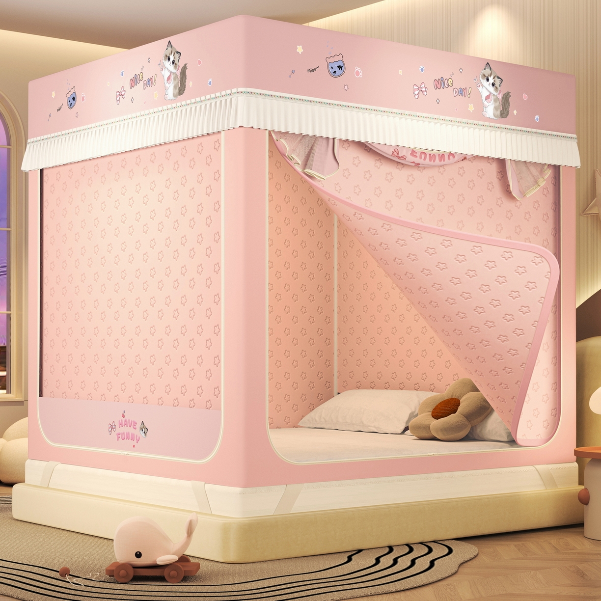 91家纺网 家纺一手货源 找家纺 （总）艾晶美家纺有限公司 2025新款坐床加棉卡通保暖蚊帐