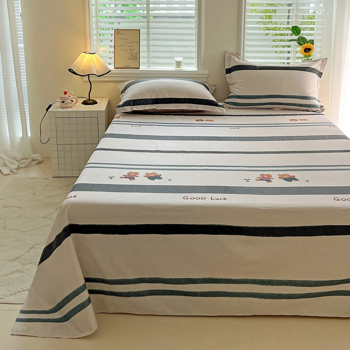 91家纺网 家纺一手货源 找家纺 依庭 2025新款高克重全棉纯棉磨毛印花单床单 好运熊-蓝