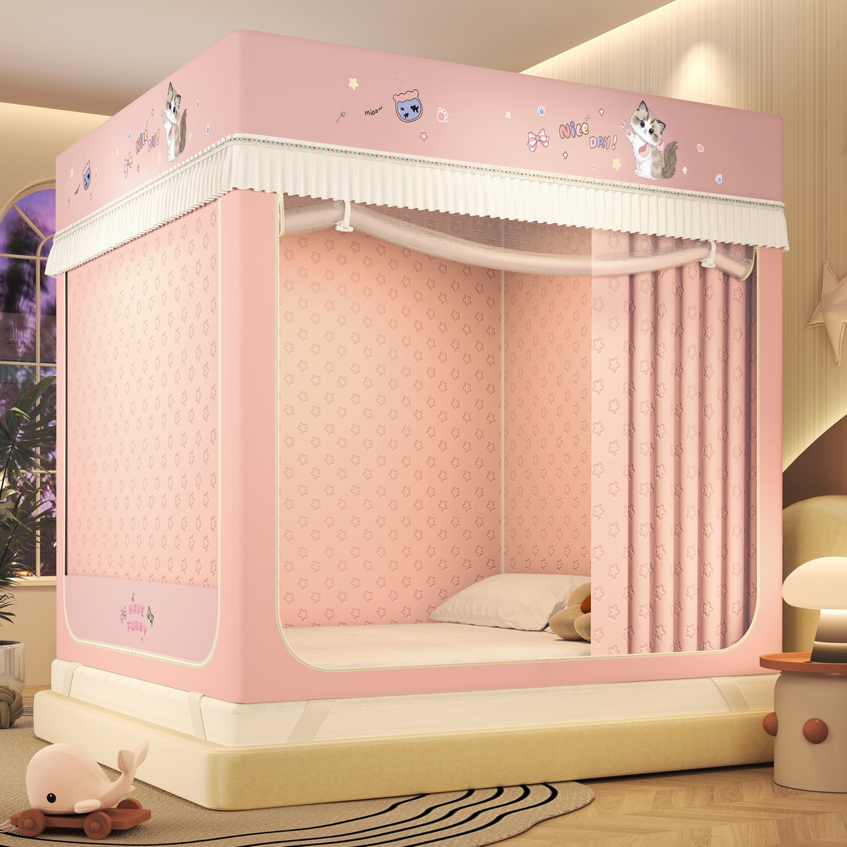 艾晶美家纺有限公司 2025新款坐床加棉卡通保暖蚊帐 布偶猫