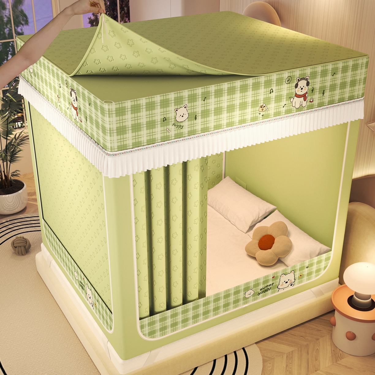 91家纺网 家纺一手货源 找家纺 艾晶美家纺有限公司 2025新款坐床加棉卡通保暖蚊帐 快乐小狗