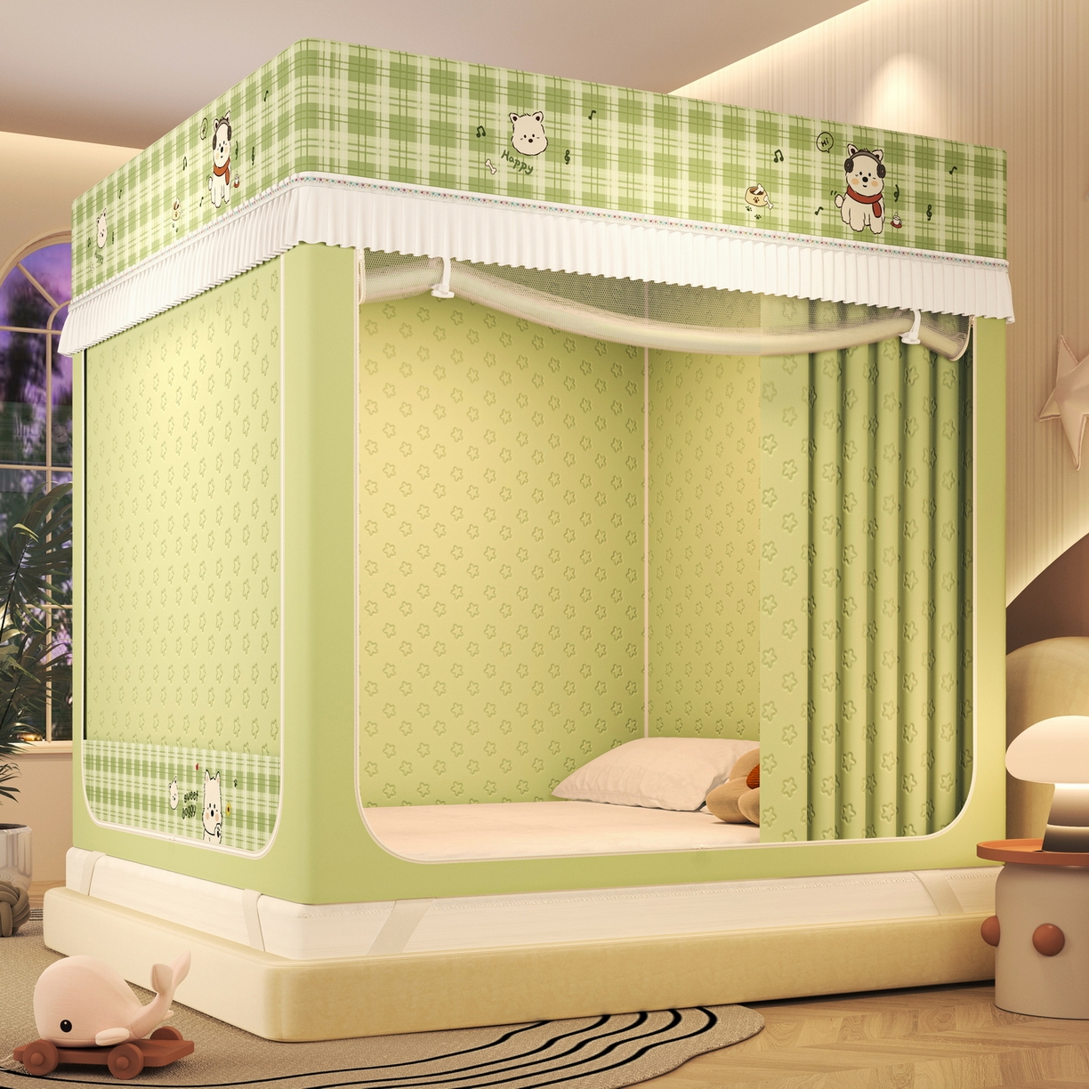 91家纺网 家纺一手货源 找家纺 艾晶美家纺有限公司 2025新款坐床加棉卡通保暖蚊帐 快乐小狗