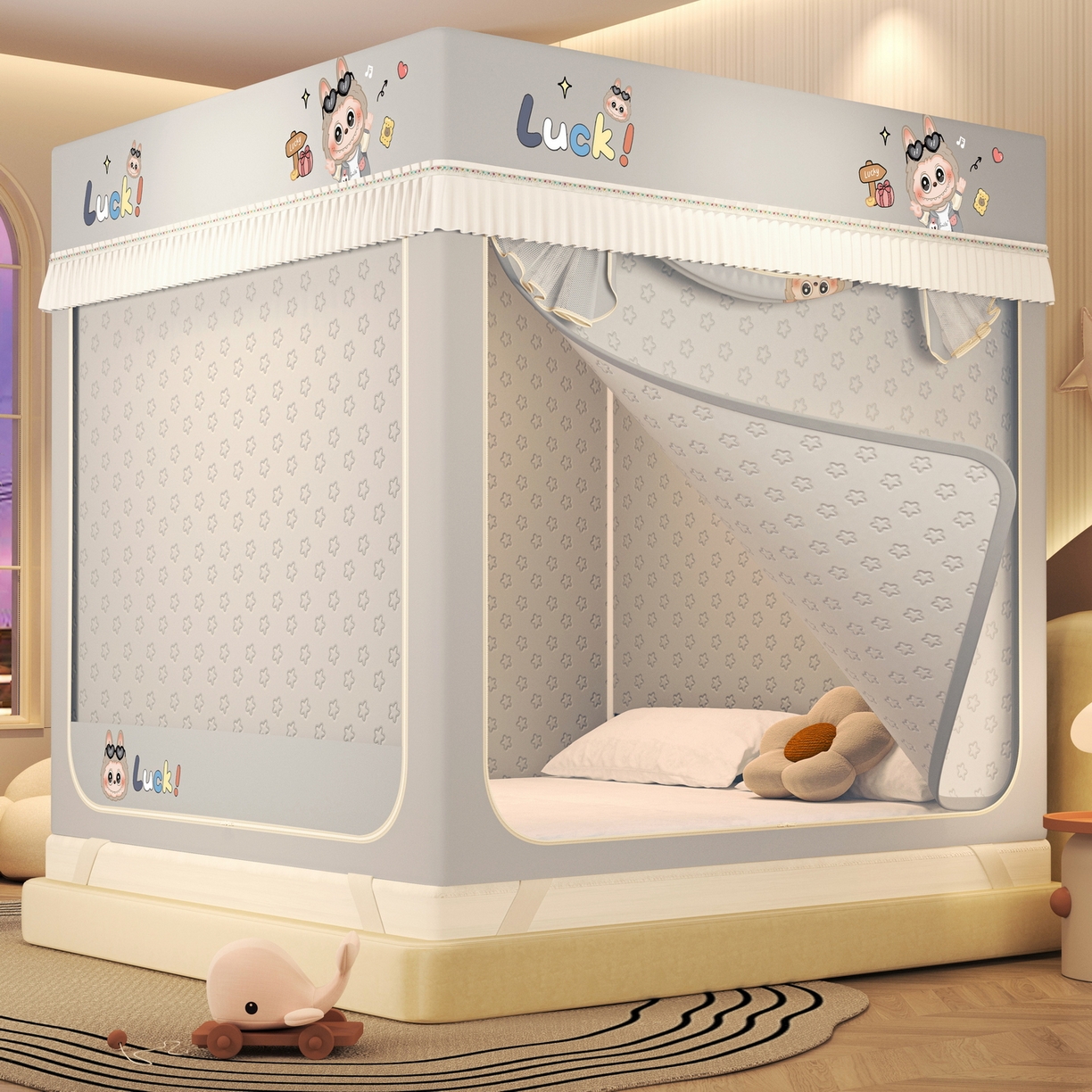 艾晶美家纺有限公司 2025新款坐床加棉卡通保暖蚊帐 拉布布