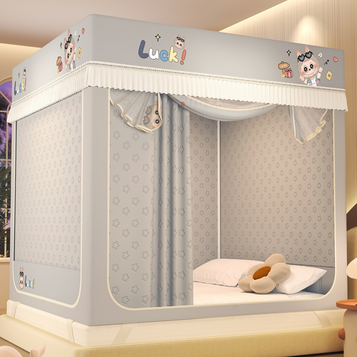 91家纺网 家纺一手货源 找家纺 艾晶美家纺有限公司 2025新款坐床加棉卡通保暖蚊帐 拉布布