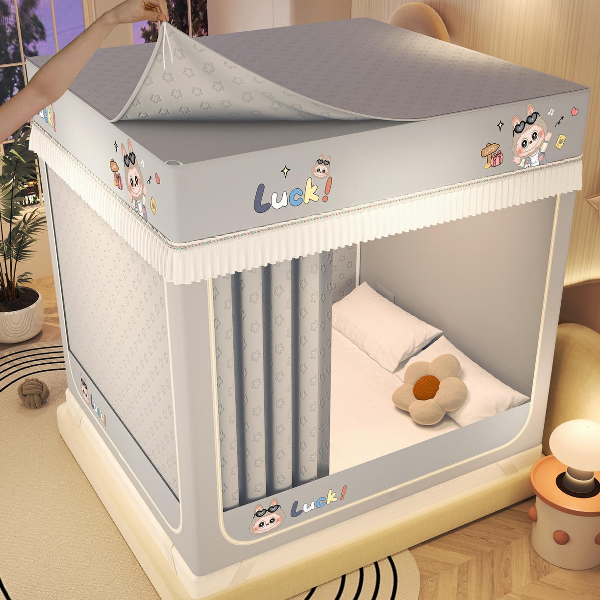 91家纺网 家纺一手货源 找家纺 艾晶美家纺有限公司 2025新款坐床加棉卡通保暖蚊帐 拉布布