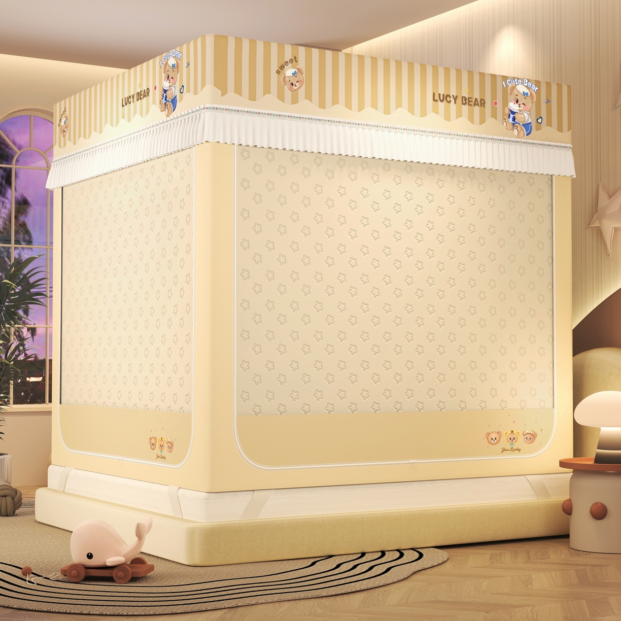 91家纺网 家纺一手货源 找家纺 艾晶美家纺有限公司 2025新款坐床加棉卡通保暖蚊帐 顽皮熊