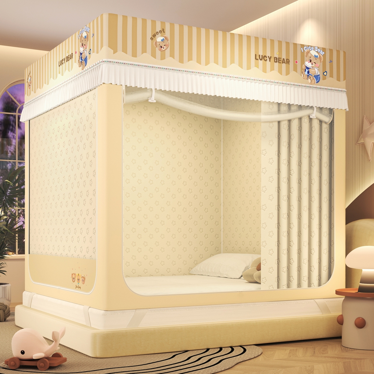 91家纺网 家纺一手货源 找家纺 艾晶美家纺有限公司 2025新款坐床加棉卡通保暖蚊帐 顽皮熊