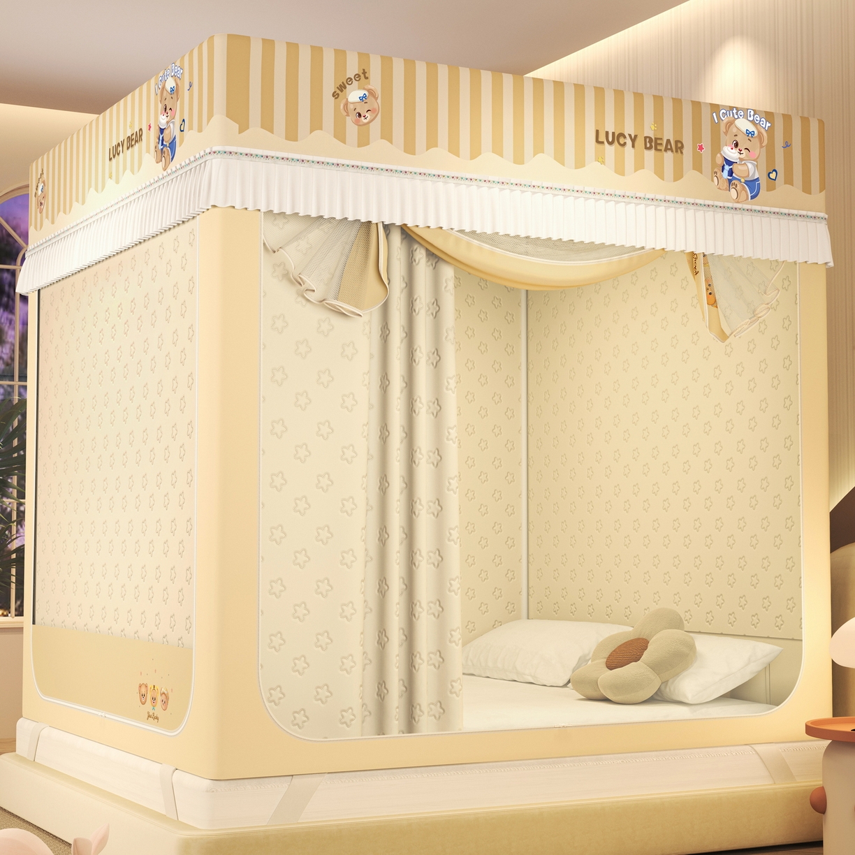 91家纺网 家纺一手货源 找家纺 艾晶美家纺有限公司 2025新款坐床加棉卡通保暖蚊帐 顽皮熊