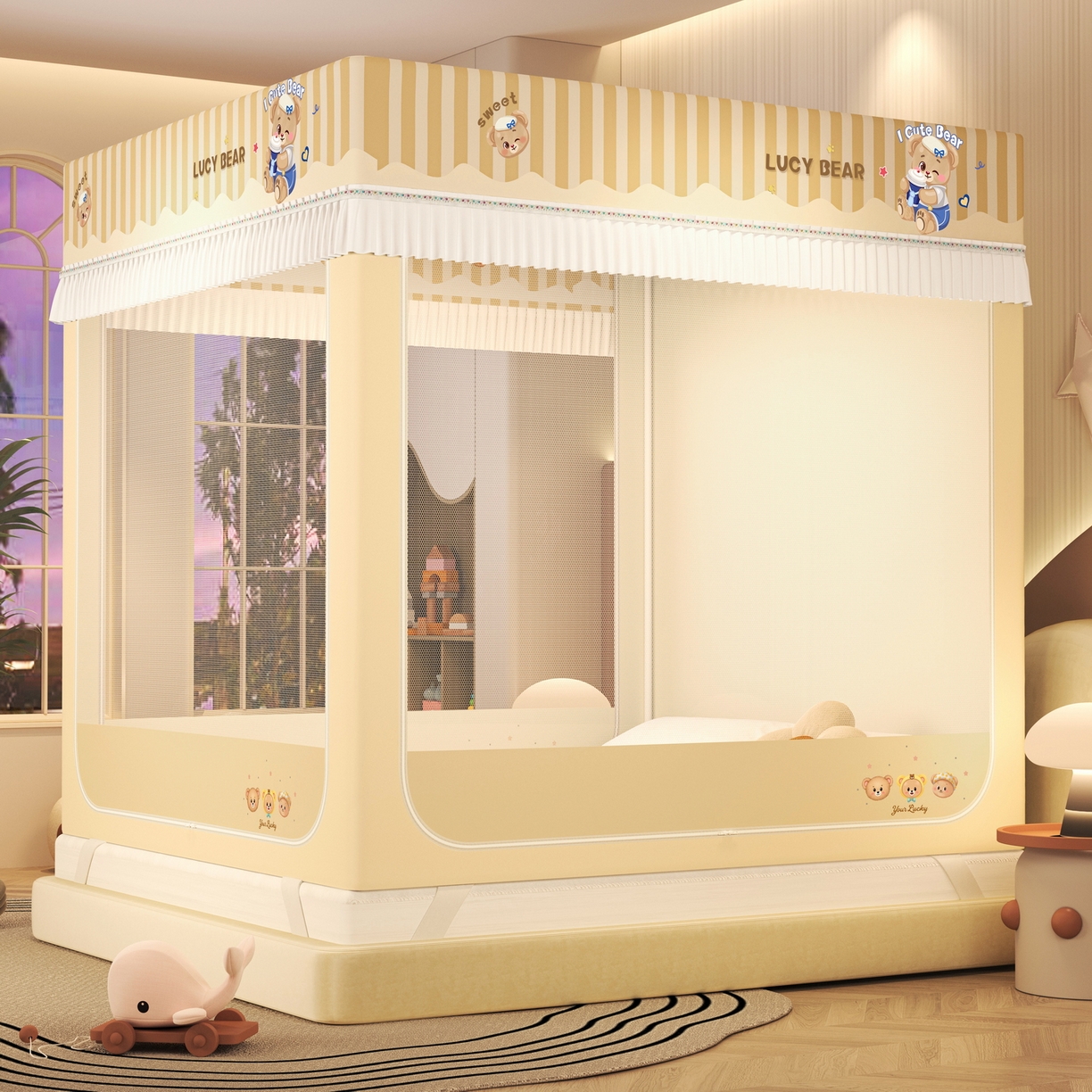 91家纺网 家纺一手货源 找家纺 艾晶美家纺有限公司 2025新款坐床加棉卡通保暖蚊帐 顽皮熊