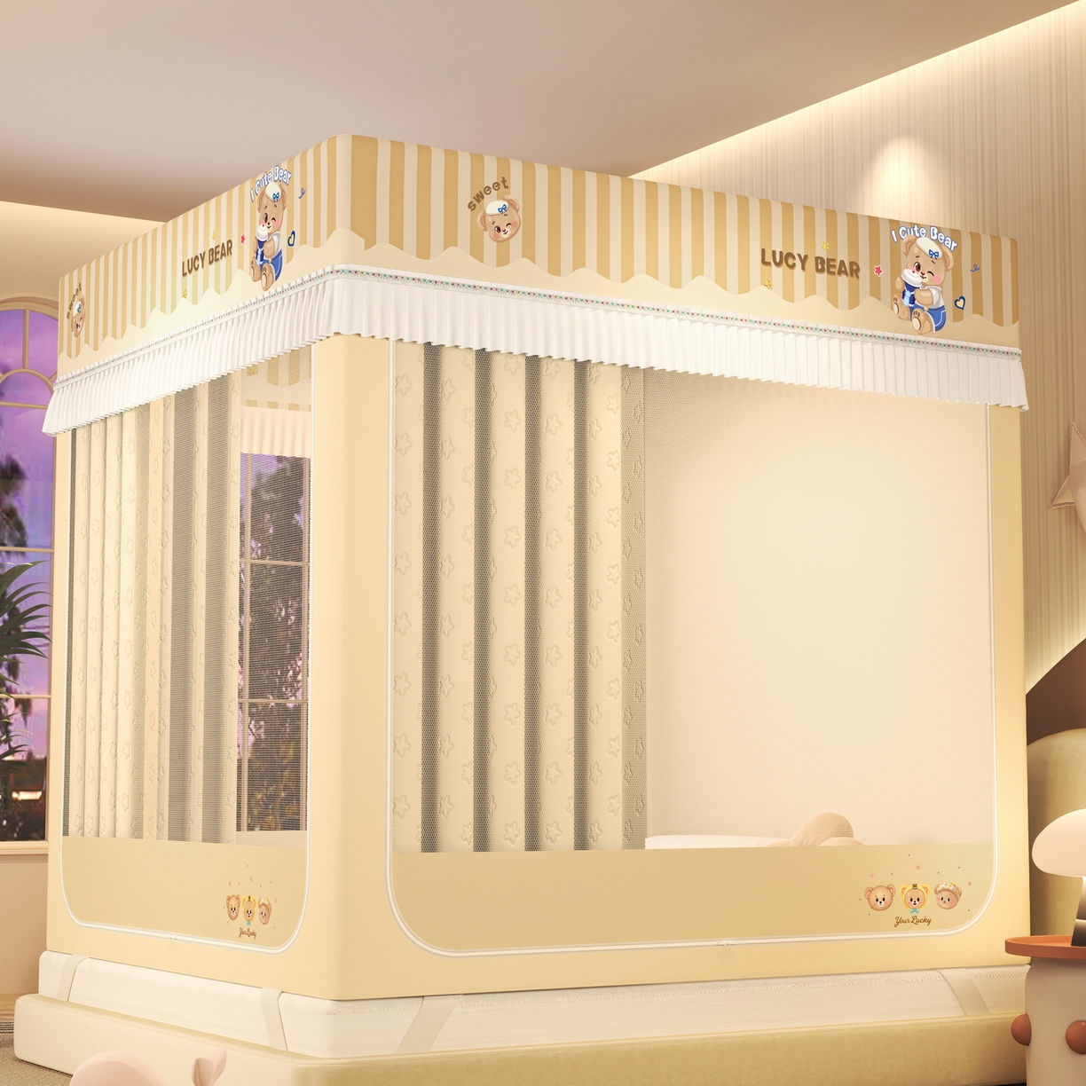 91家纺网 家纺一手货源 找家纺 艾晶美家纺有限公司 2025新款坐床加棉卡通保暖蚊帐 顽皮熊