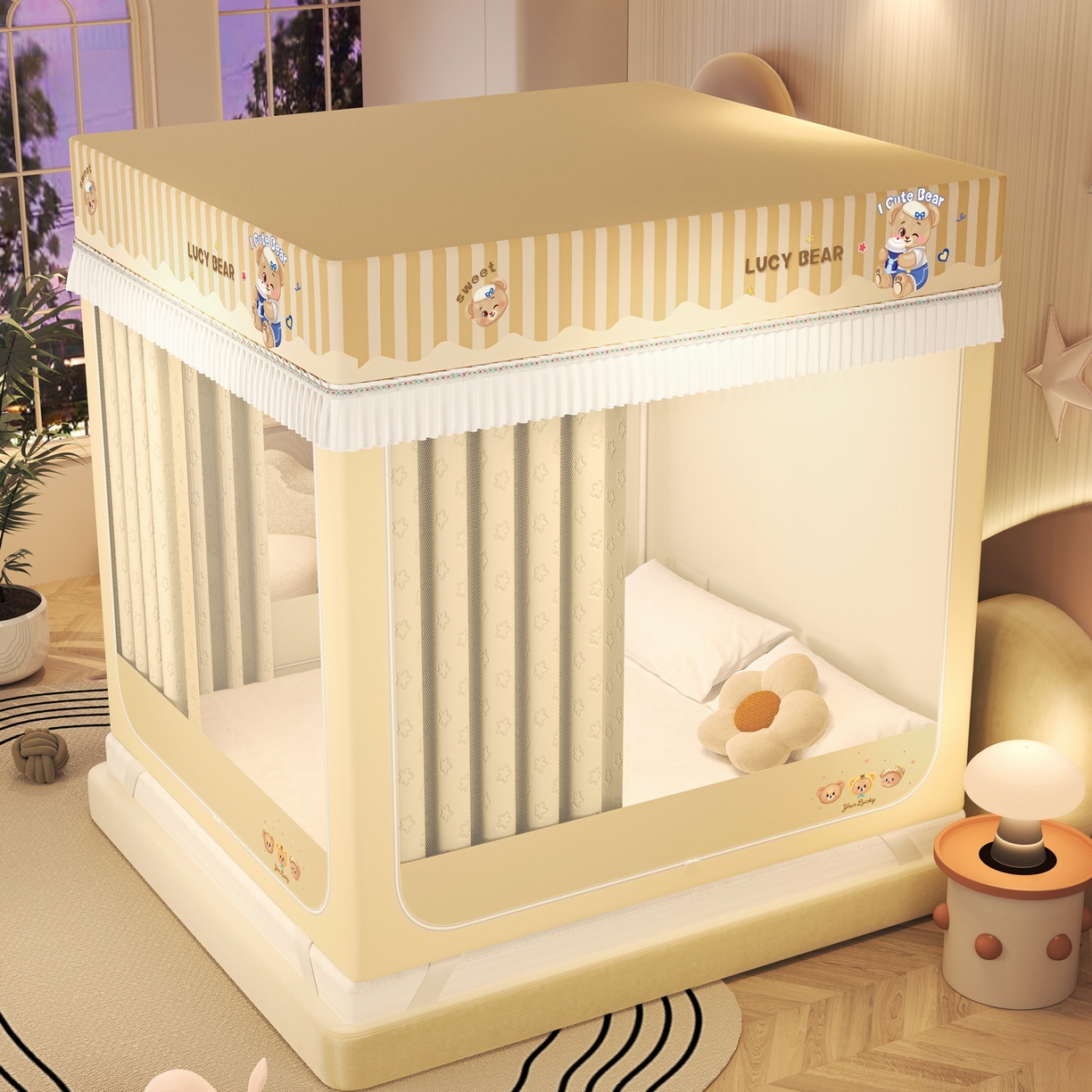 91家纺网 家纺一手货源 找家纺 艾晶美家纺有限公司 2025新款坐床加棉卡通保暖蚊帐 顽皮熊