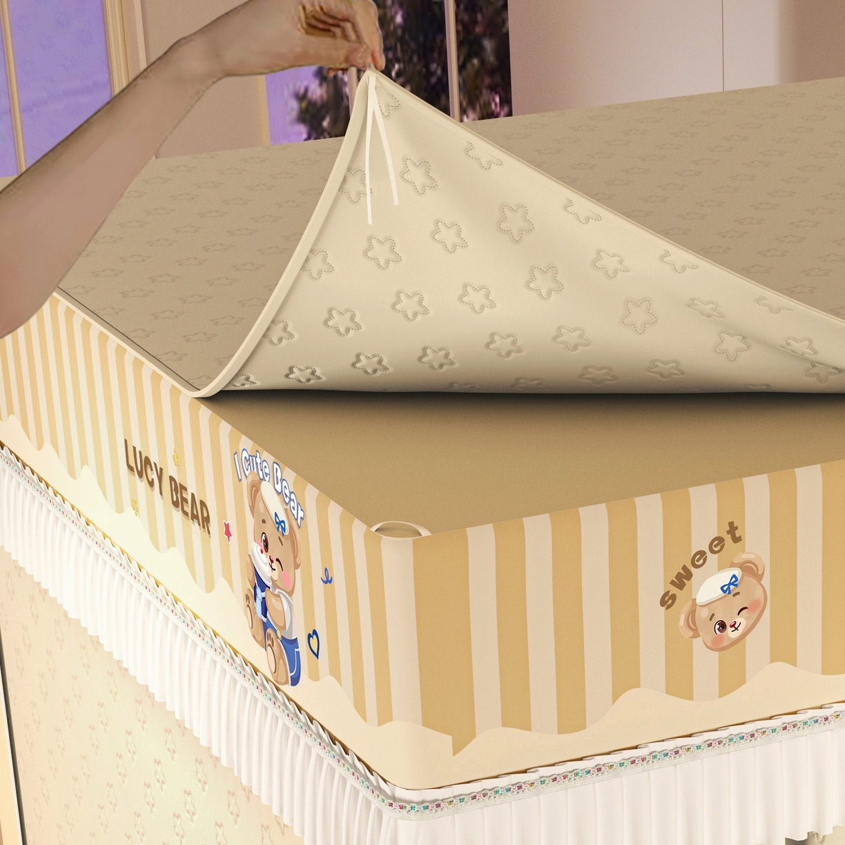 91家纺网 家纺一手货源 找家纺 艾晶美家纺有限公司 2025新款坐床加棉卡通保暖蚊帐 顽皮熊