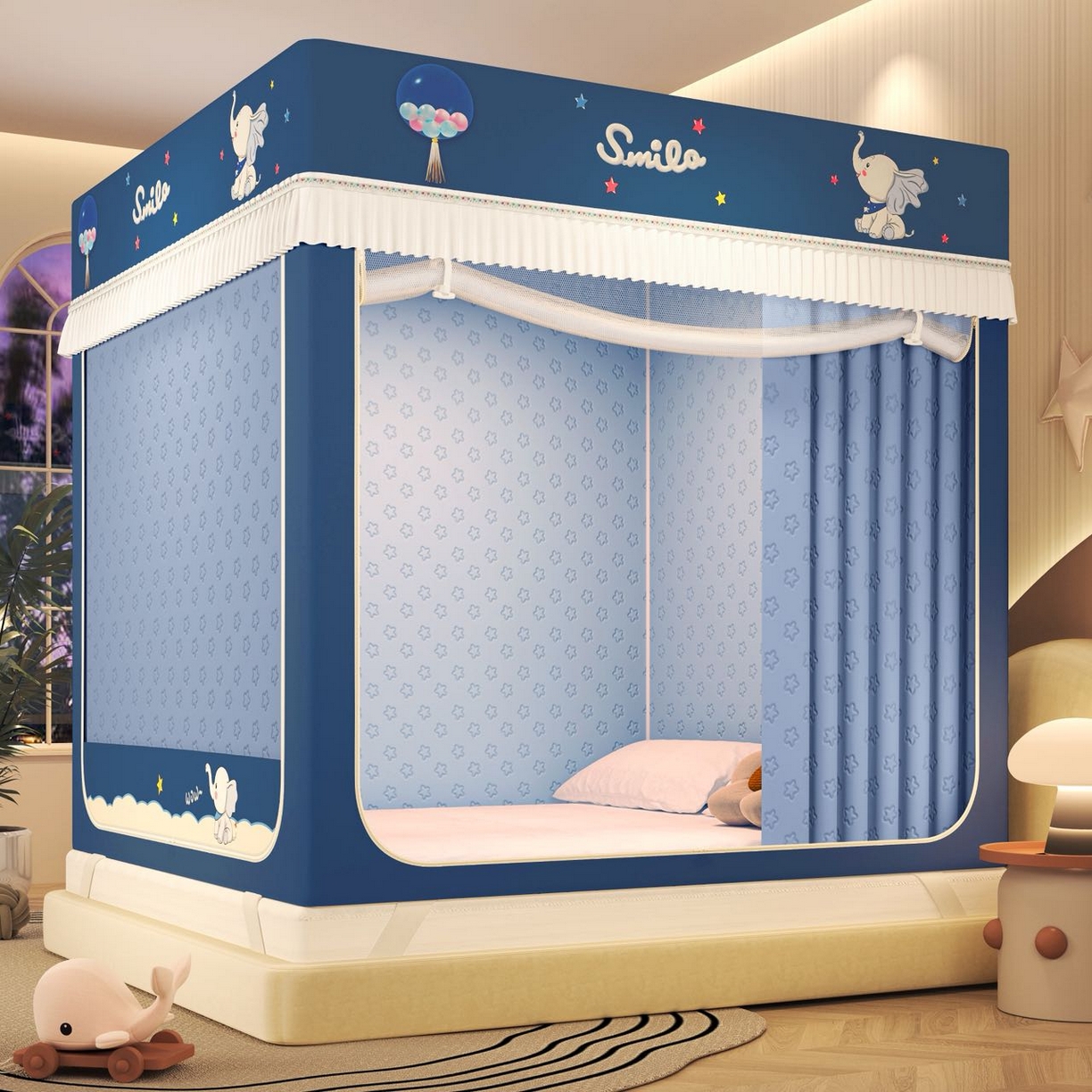 艾晶美家纺有限公司 2025新款坐床加棉卡通保暖蚊帐 小灰象