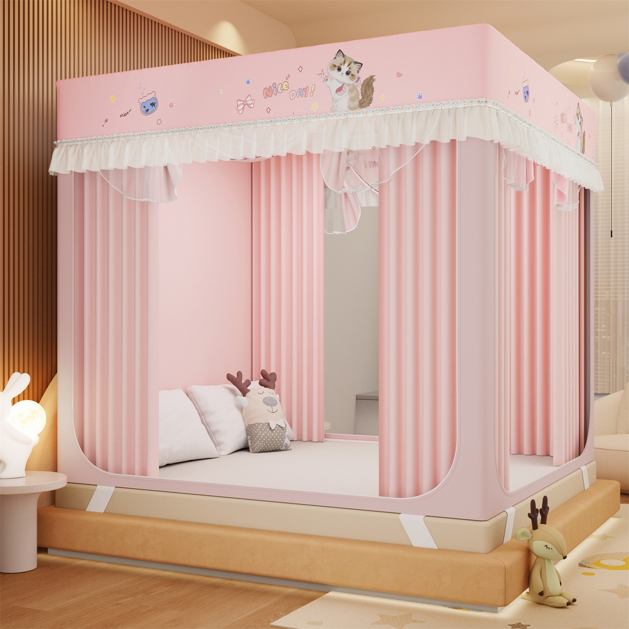 91家纺网 家纺一手货源 找家纺 艾晶美家纺有限公司 2025新款坐床家用卡通床帘遮光蚊帐 布偶猫