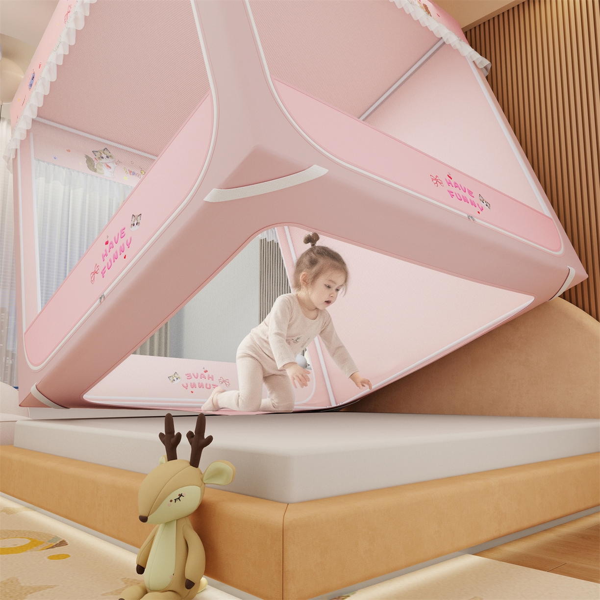 91家纺网 家纺一手货源 找家纺 艾晶美家纺有限公司 2025新款坐床家用卡通床帘遮光蚊帐 布偶猫