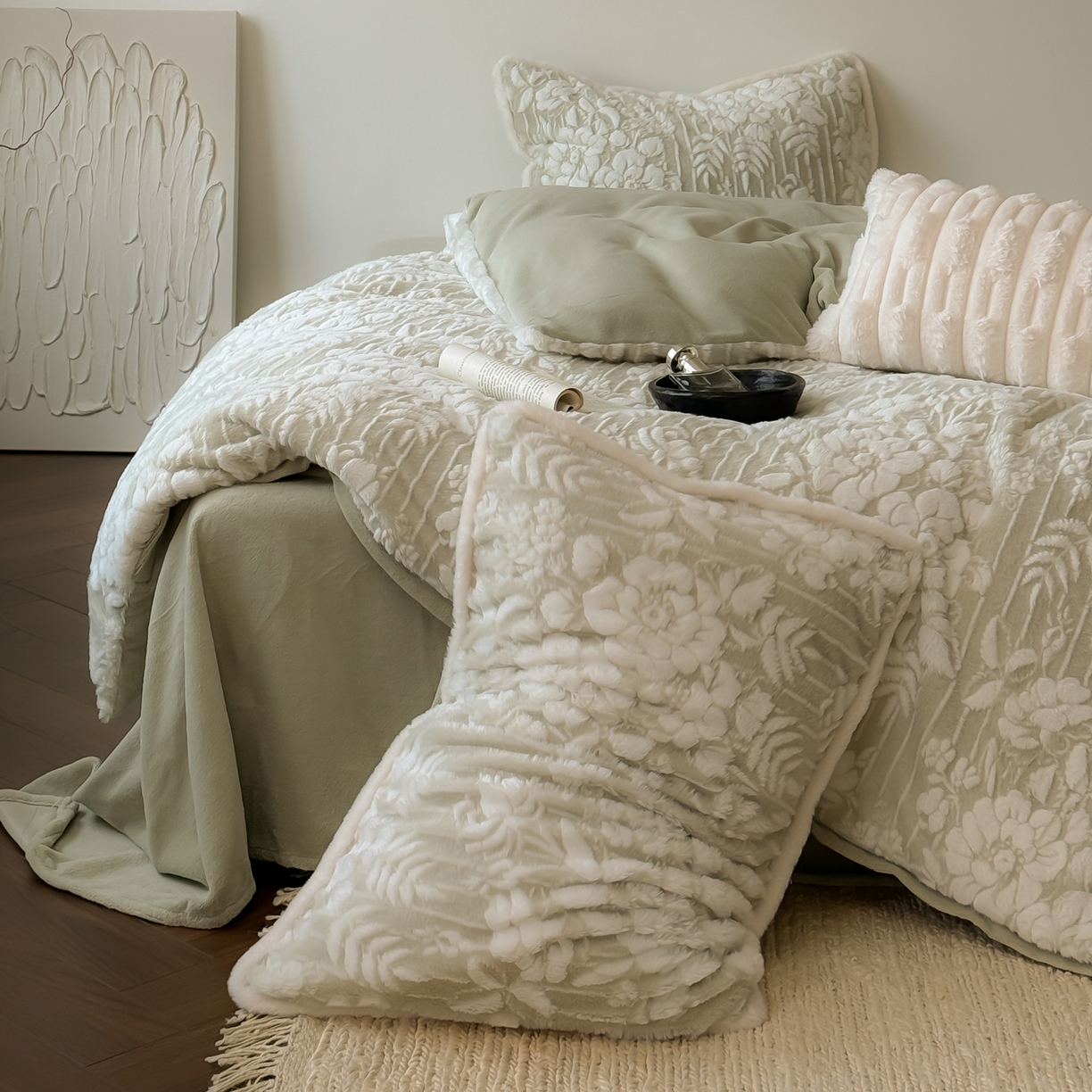 91家纺网 家纺一手货源 找家纺 简纯主义 2025新款380g獭兔绒230g全消光全工艺牛奶绒四件套-椿晓 【控价】：日常店铺券后价格：258/328/348/328 椿晓绿