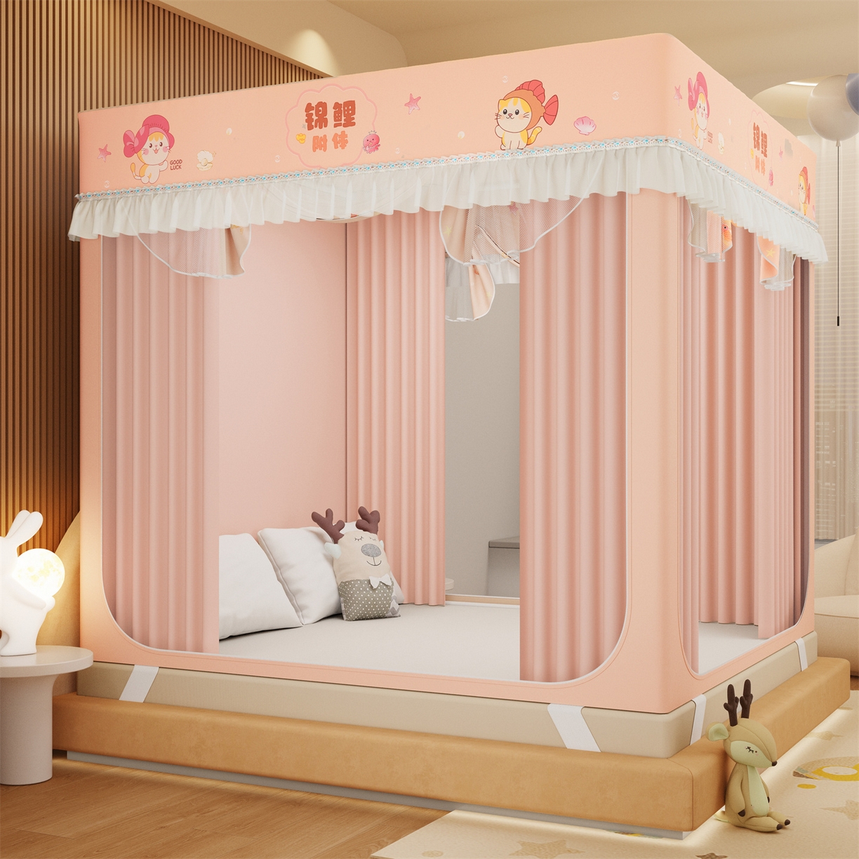 91家纺网 家纺一手货源 找家纺 艾晶美家纺有限公司 2025新款坐床家用卡通床帘遮光蚊帐 锦鲤附体