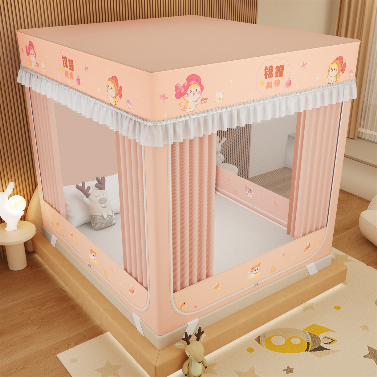 91家纺网 家纺一手货源 找家纺 艾晶美家纺有限公司 2025新款坐床家用卡通床帘遮光蚊帐 锦鲤附体