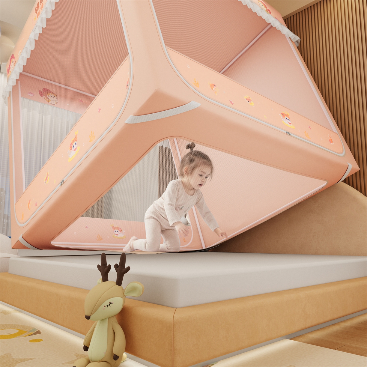 91家纺网 家纺一手货源 找家纺 艾晶美家纺有限公司 2025新款坐床家用卡通床帘遮光蚊帐 锦鲤附体