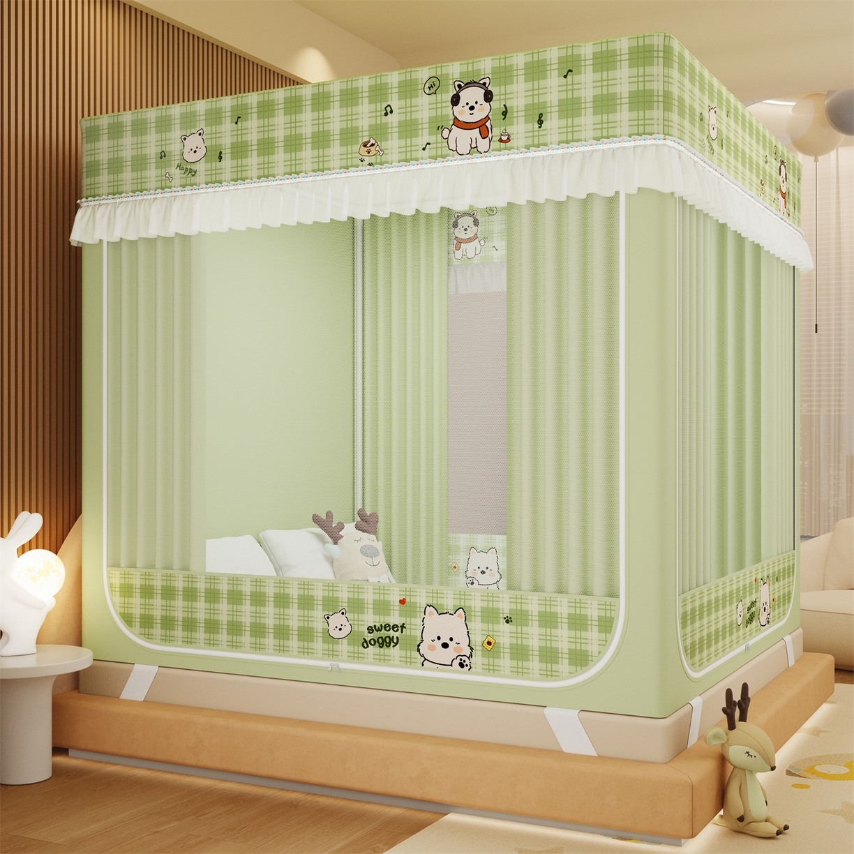 艾晶美家纺有限公司 2025新款坐床家用卡通床帘遮光蚊帐 快乐小狗