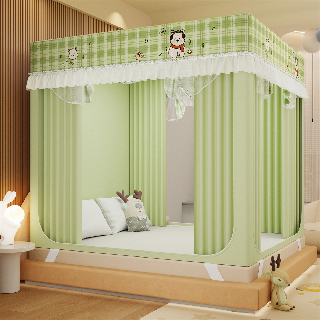 91家纺网 家纺一手货源 找家纺 艾晶美家纺有限公司 2025新款坐床家用卡通床帘遮光蚊帐 快乐小狗