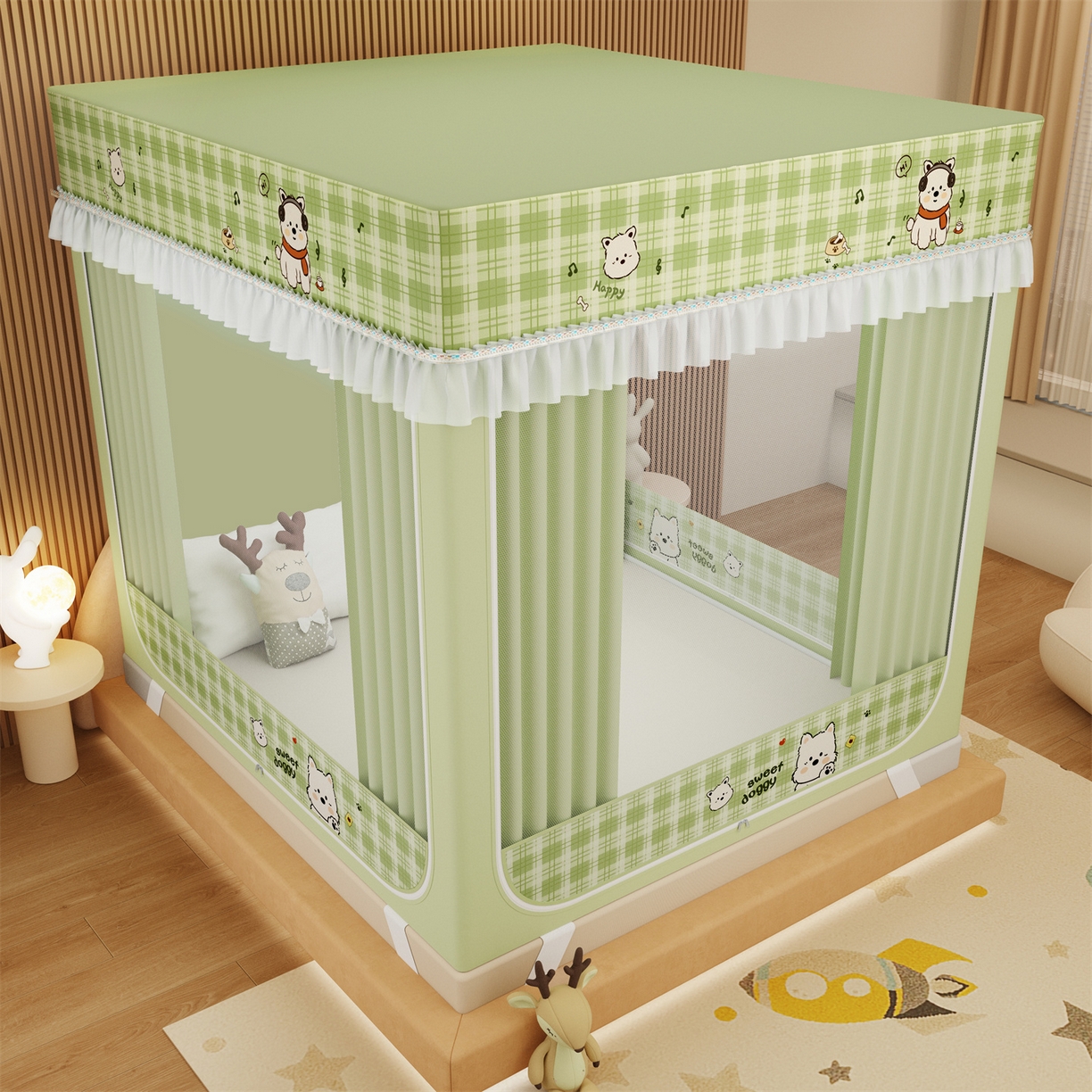 91家纺网 家纺一手货源 找家纺 艾晶美家纺有限公司 2025新款坐床家用卡通床帘遮光蚊帐 快乐小狗